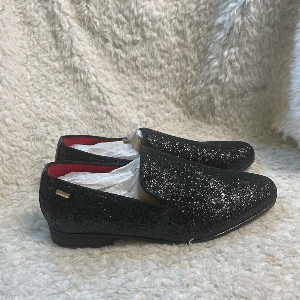 NWOT Black glitter synthetic leather Men’s slip on dress shoes rubber soles SZ13